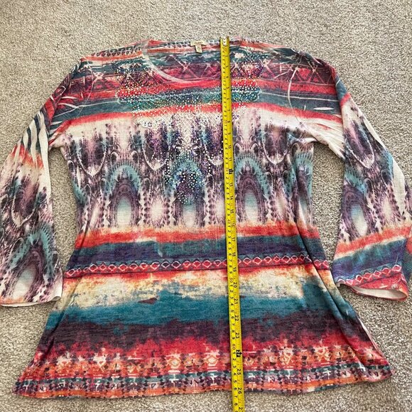 Y2K Boho Chic Embroidered Artsy Multicolor Rhinestone Stretchy Top - Picture 7 of 9